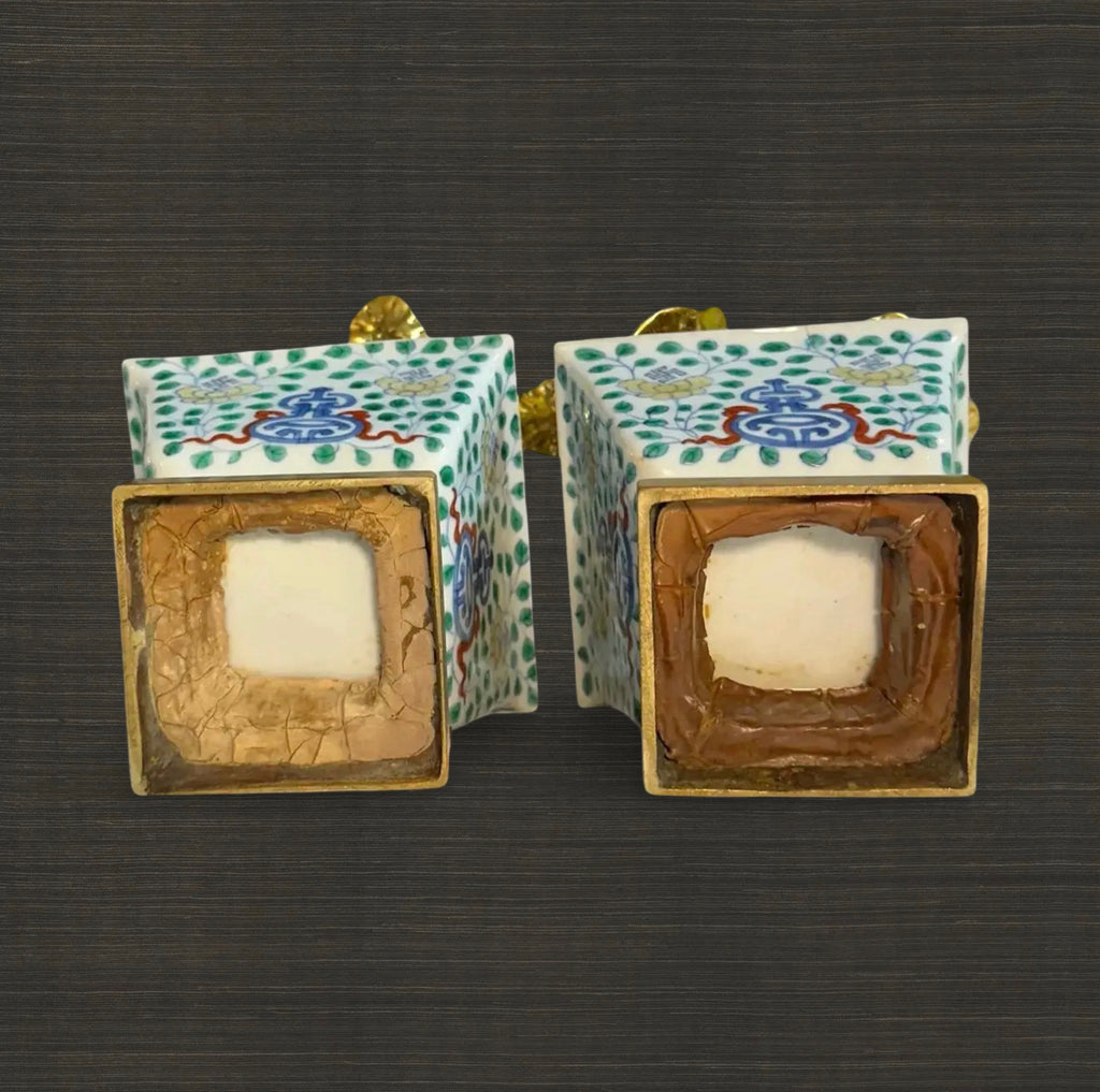 Pair of Early Qing Dynasty Ducati Pots With Aftermarket Gilt Bronze Candelabra Inserts