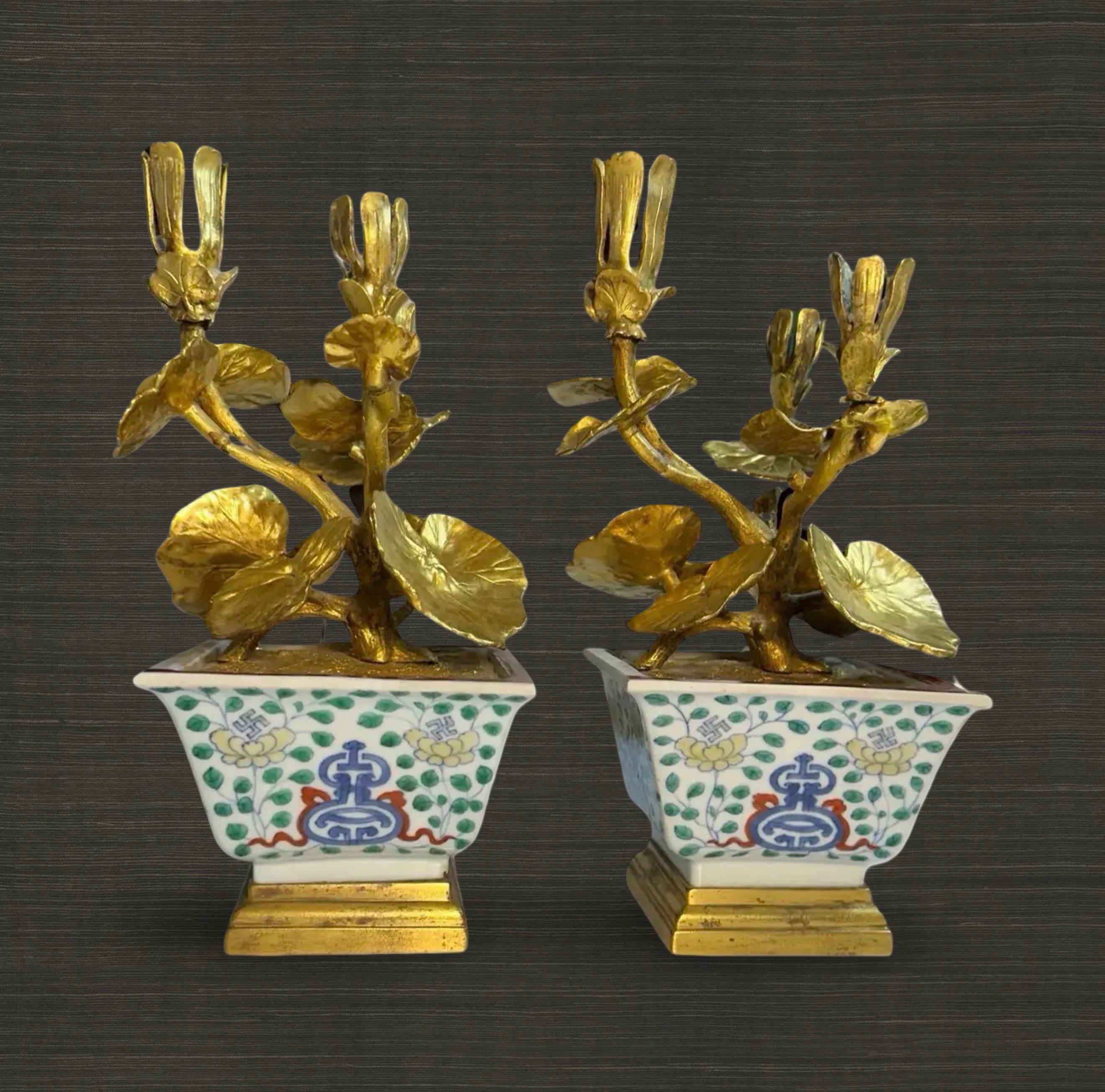 Pair of Early Qing Dynasty Ducati Pots With Aftermarket Gilt Bronze Candelabra Inserts