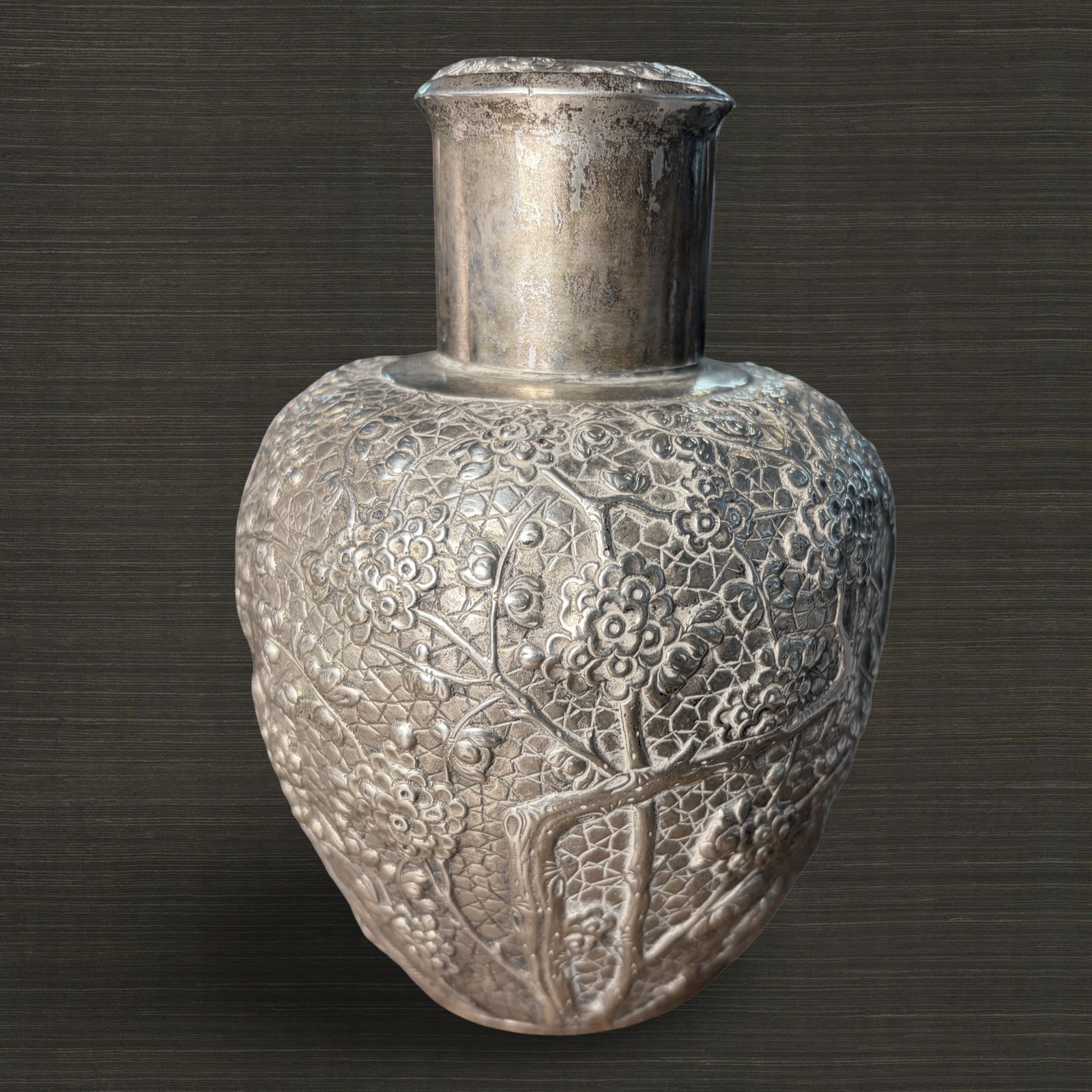 Luen Wo Repoussé Tea Caddy with Prunus Blossoms