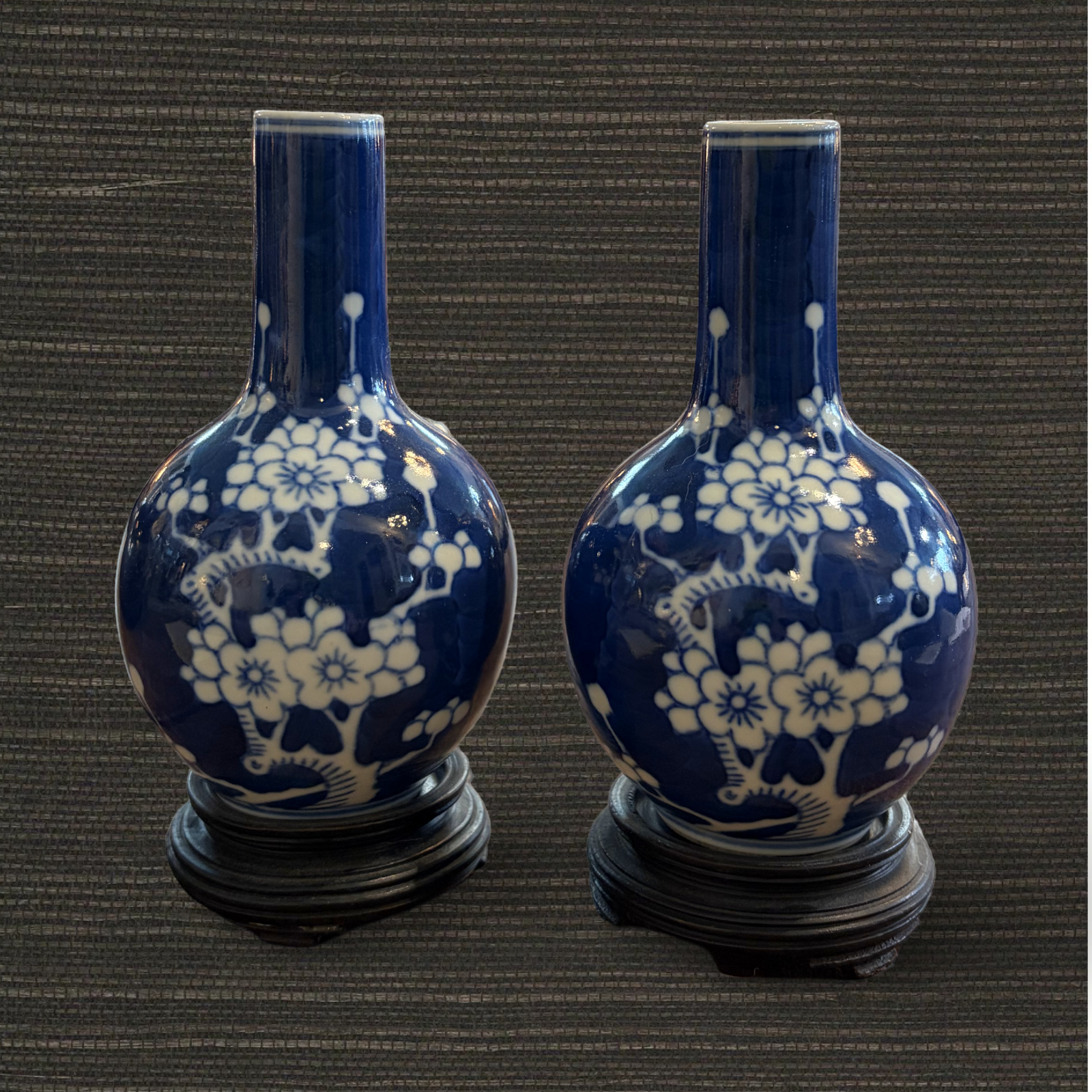 Diminutive Pair of Prunus Vases