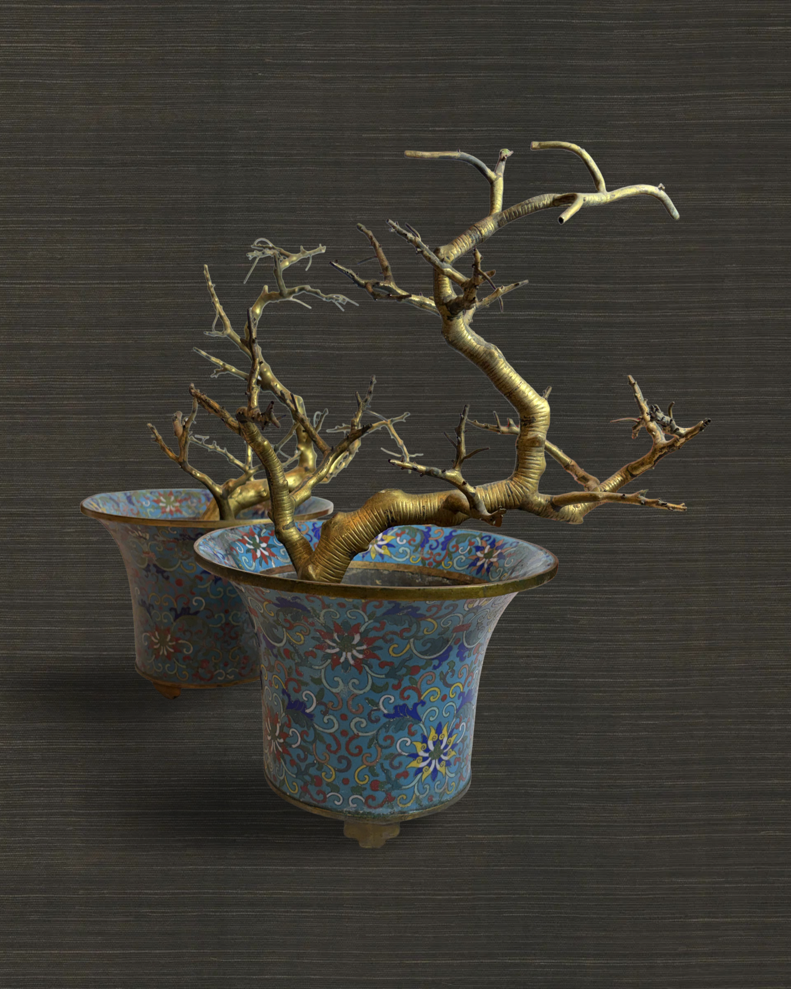 Pair of Qing Dynasty Gilt Trees in Cloisonné Jardinieres