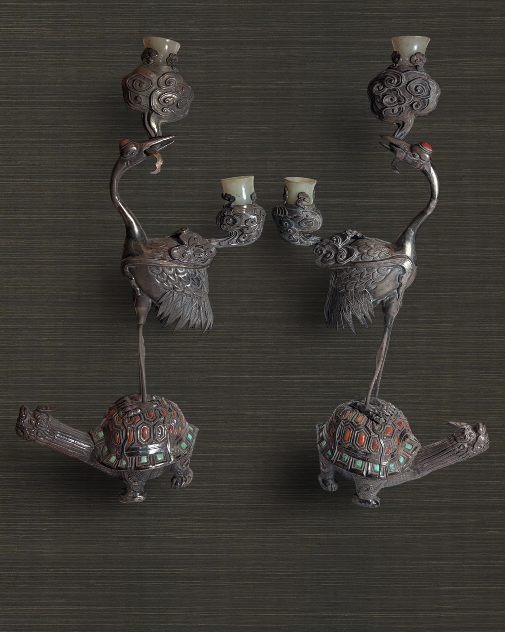 Pair of Chinese Heron Candelsticks
