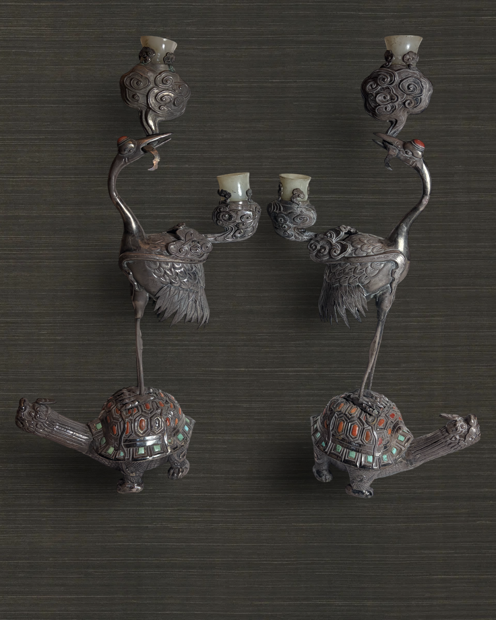 Pair of Chinese Heron Candelsticks
