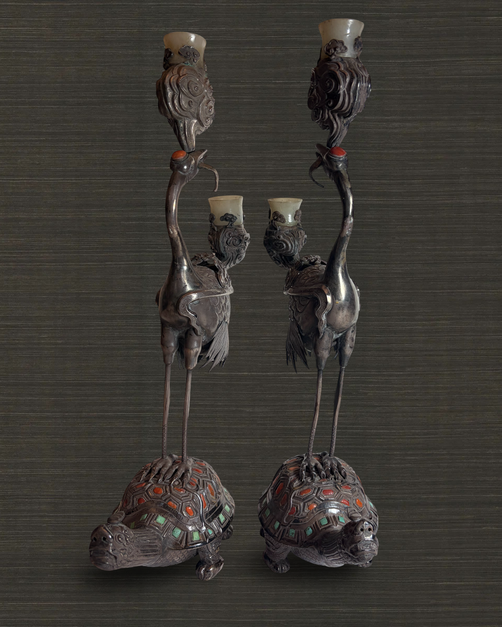 Pair of Chinese Heron Candelsticks