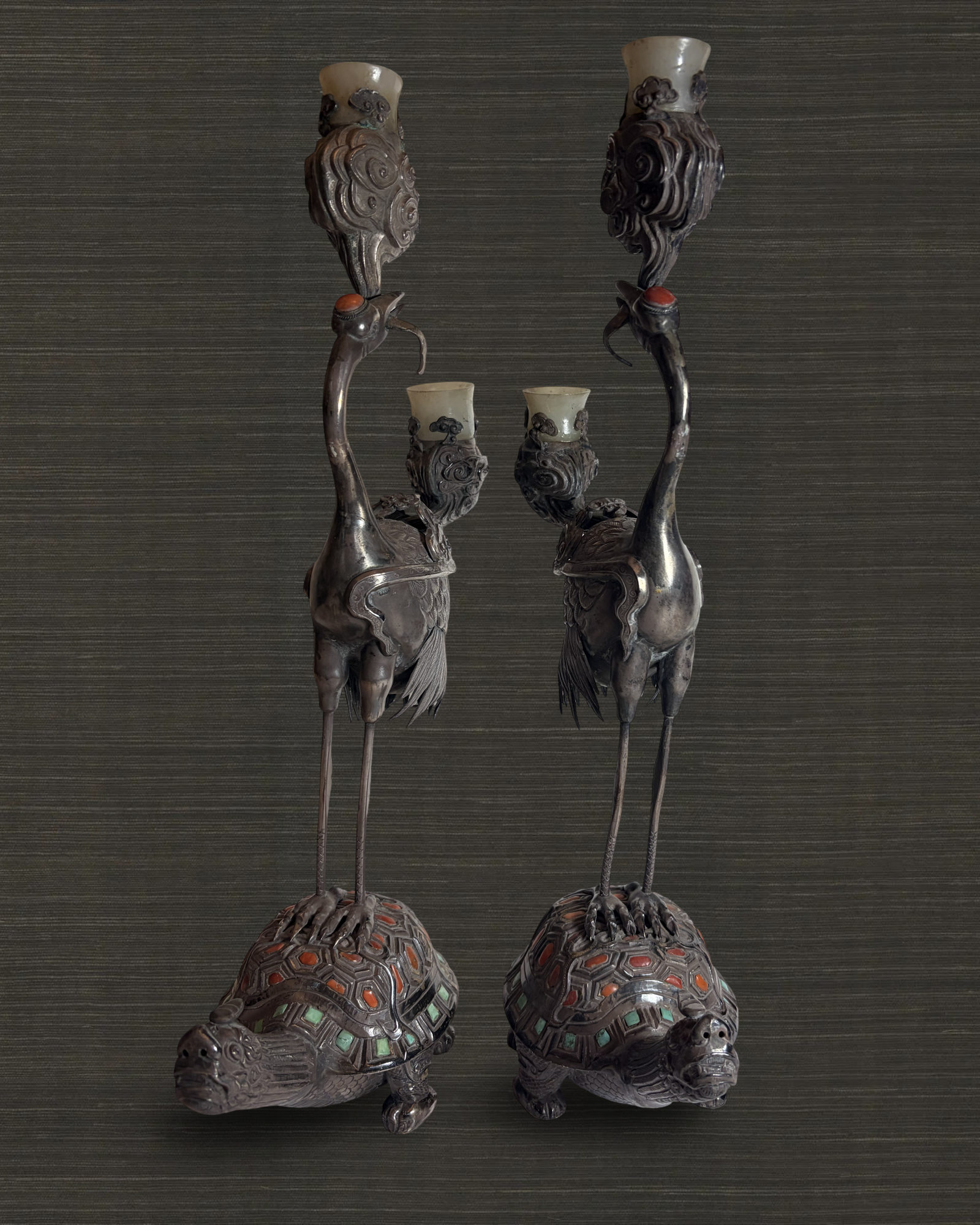 Pair of Chinese Heron Candelsticks
