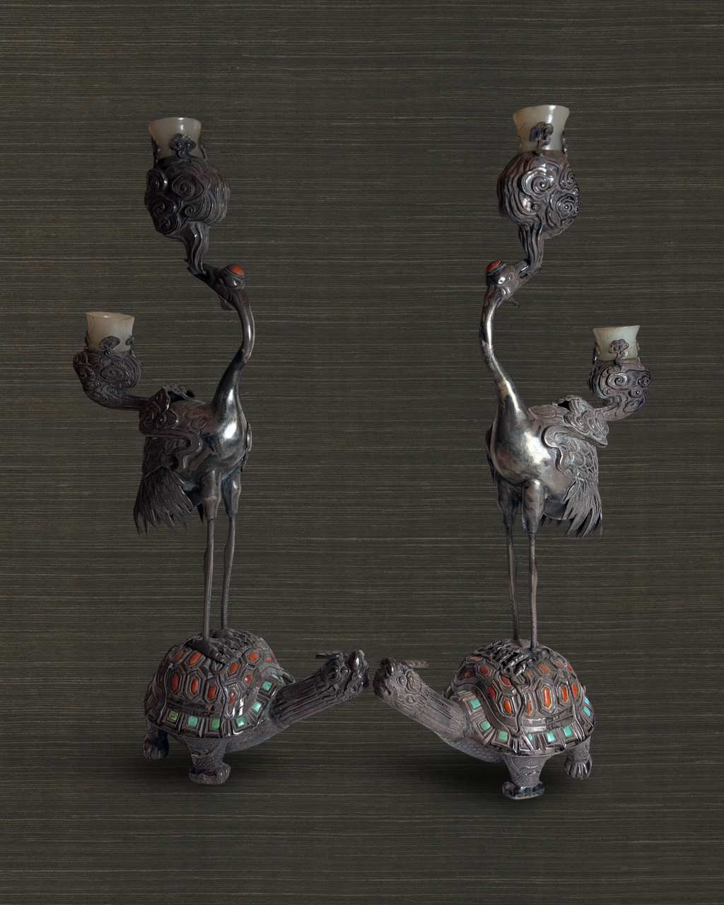 Pair of Chinese Heron Candelsticks