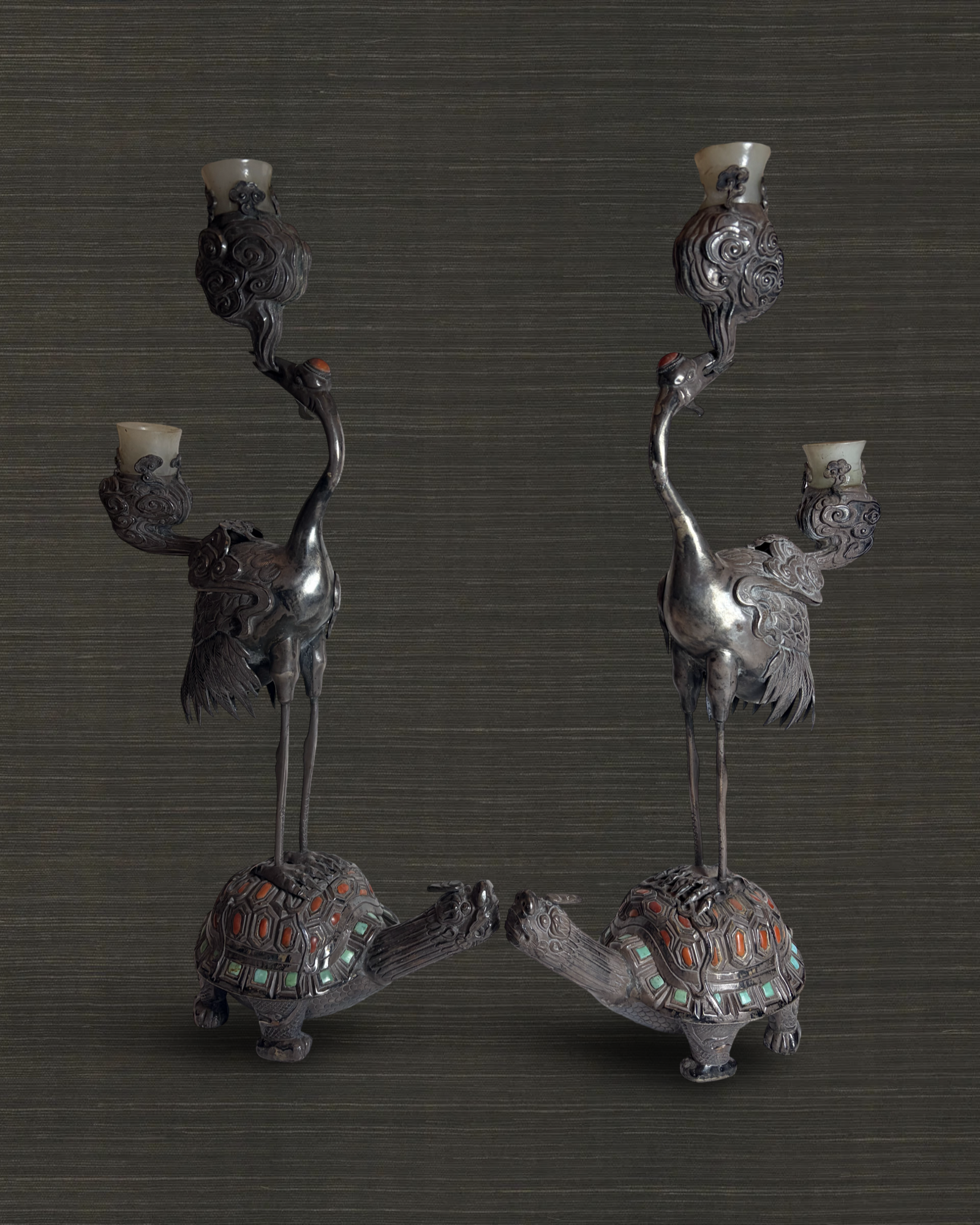 Pair of Chinese Heron Candelsticks