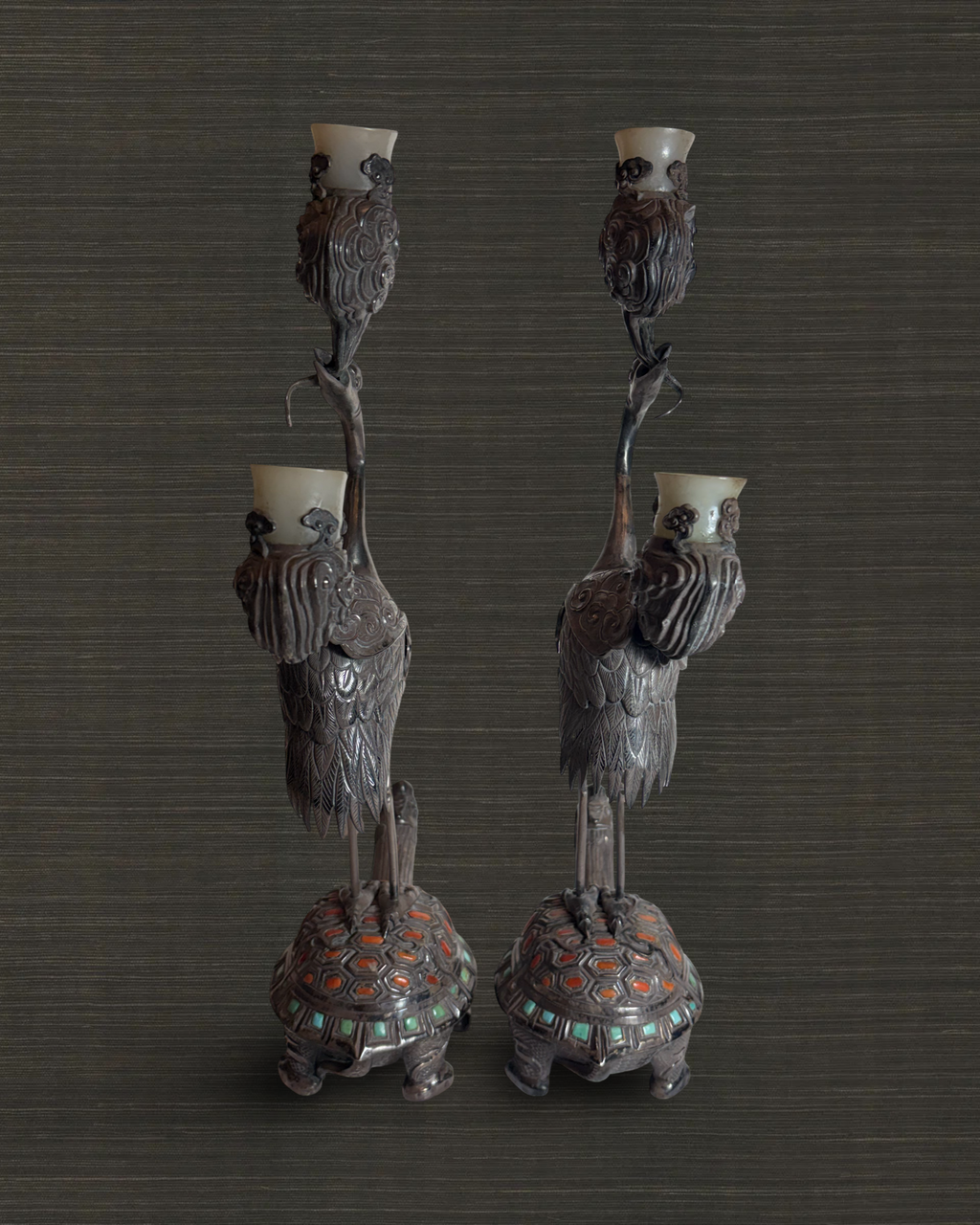 Pair of Chinese Heron Candelsticks