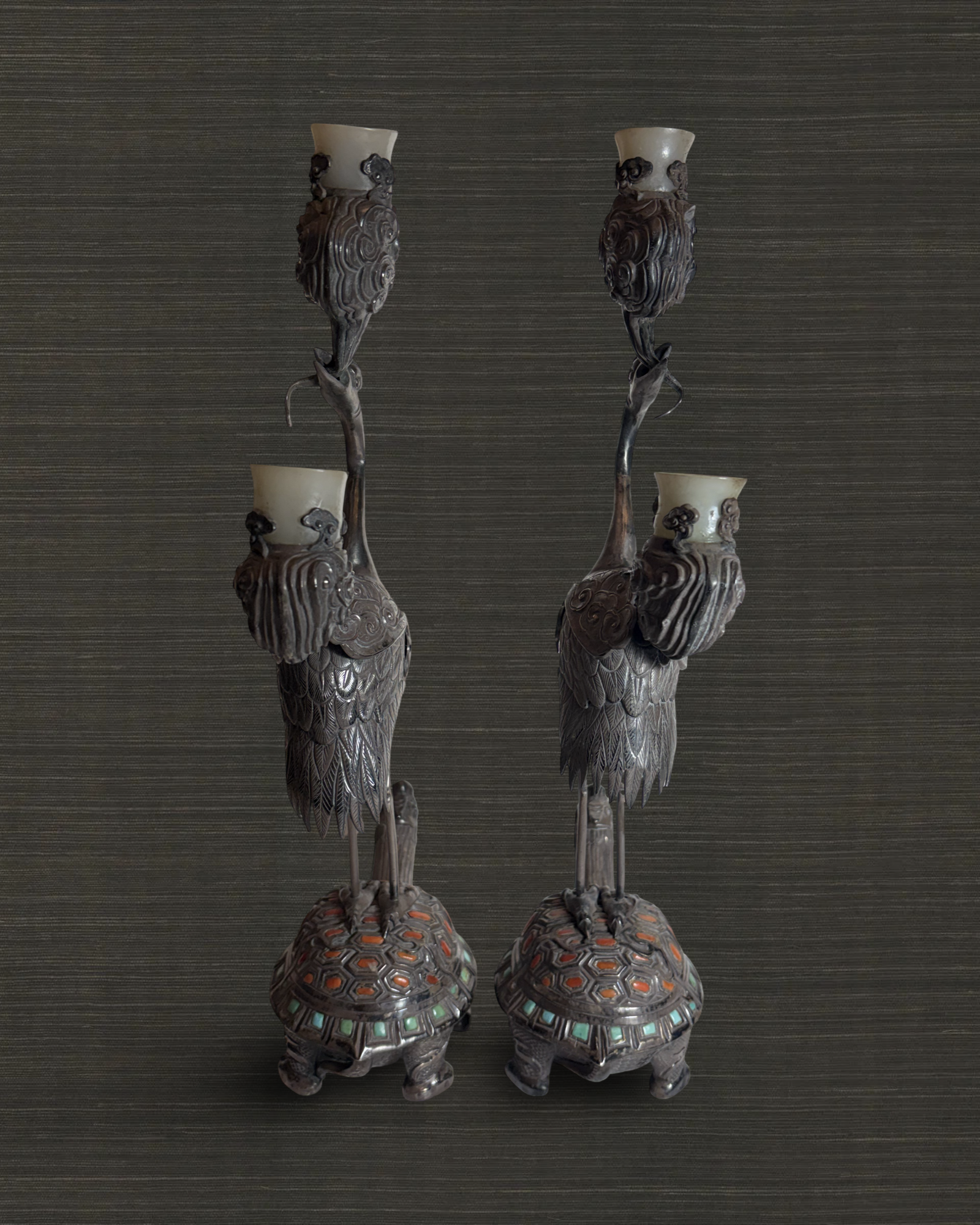 Pair of Chinese Heron Candelsticks