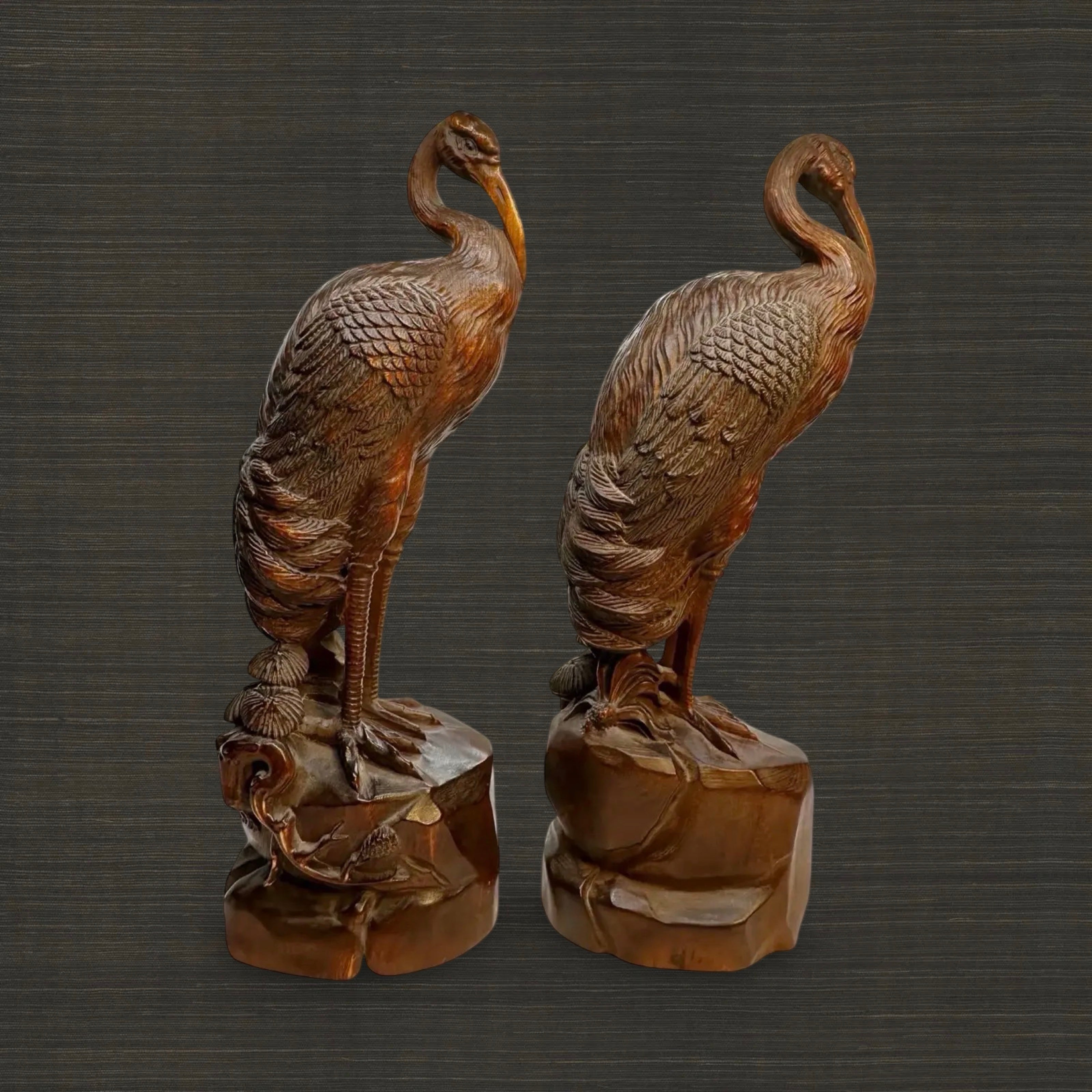 Pair of Late 19th Century Fine Boxwood Carved Crane Figures