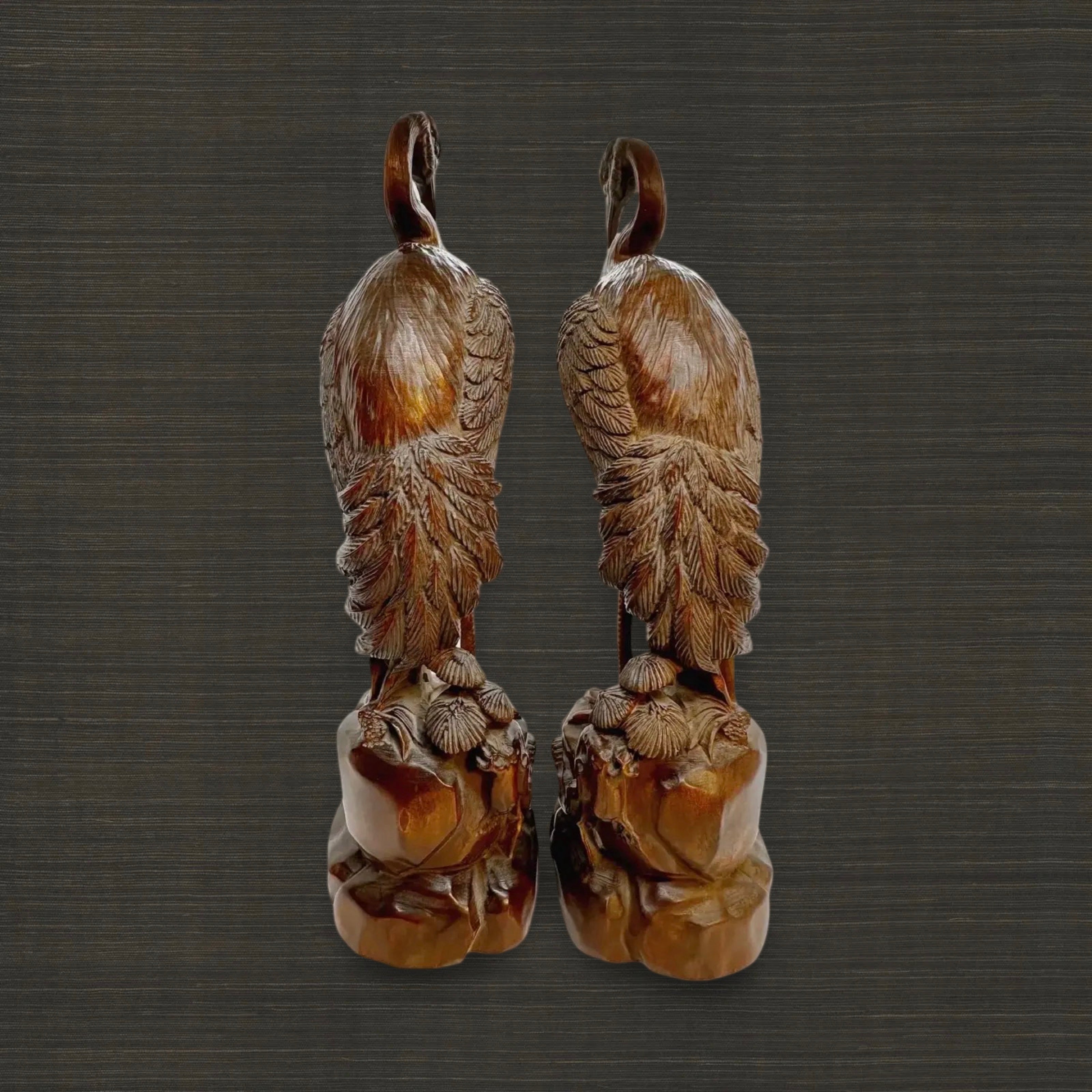 Pair of Late 19th Century Fine Boxwood Carved Crane Figures