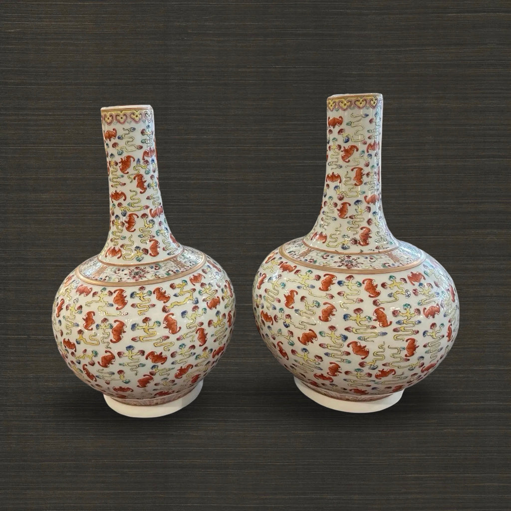 Pair of two Late 19th Century Qing Dynasty Guangxu Famille Rose Reward Vases